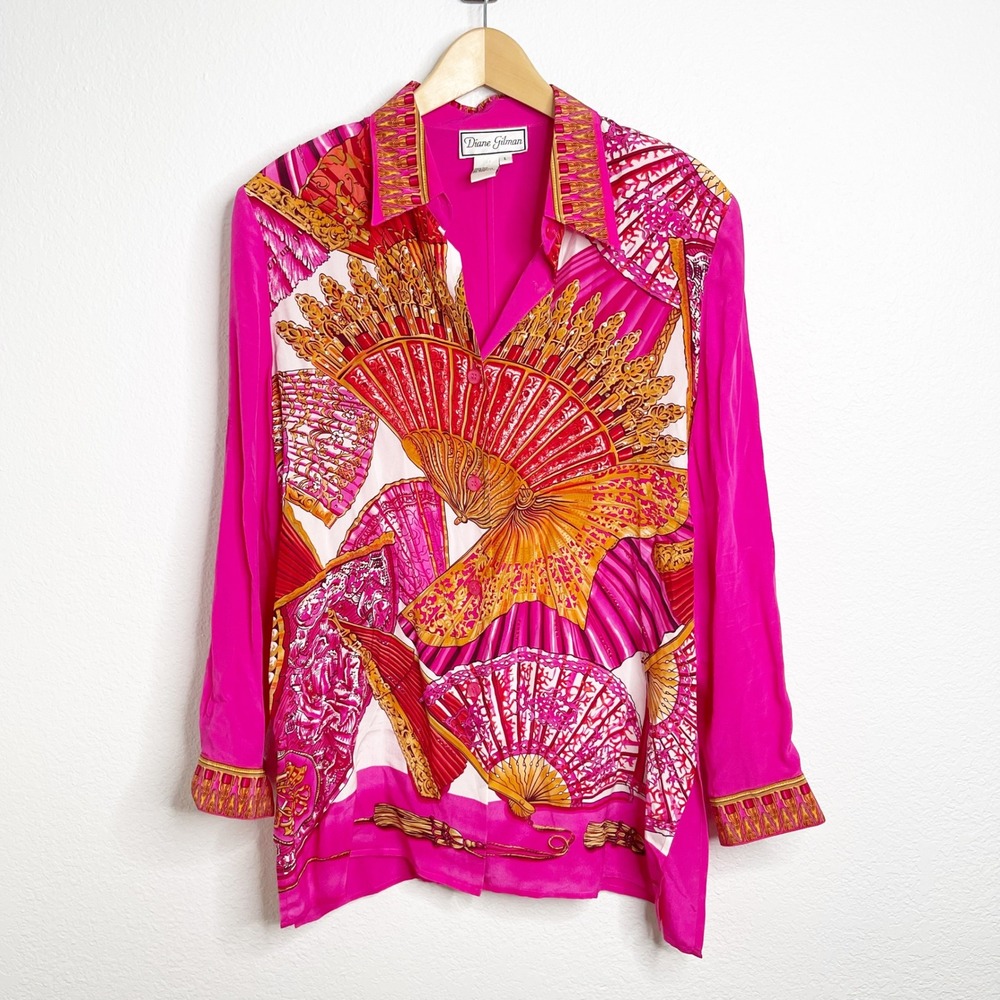 Diane Gilman Vintage 100% Silk Fan Print Rhinestone Blouse Fuchsia Pink Large